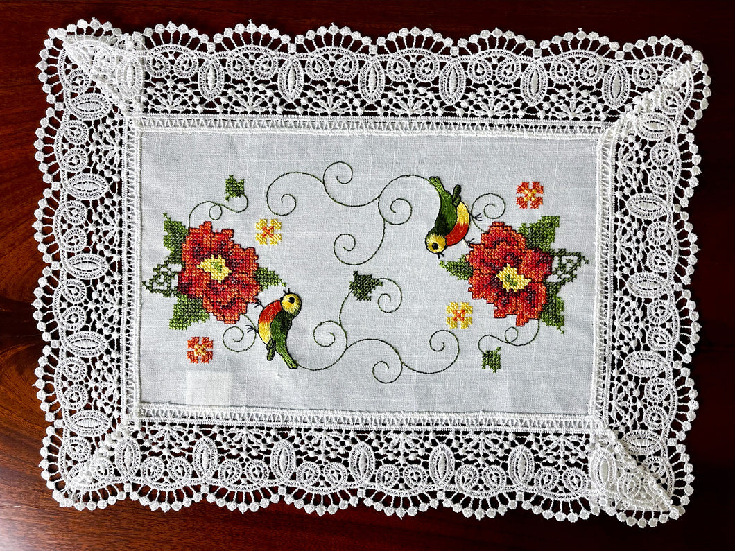Floris Linens Betty Bird Embroidery Placemat with Intricate Lace Border