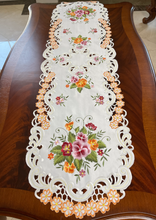 Load image into Gallery viewer, Floris Linens Paisley Table Runner with Beautifully Embroidered Flowers on Cutwork Table Linen
