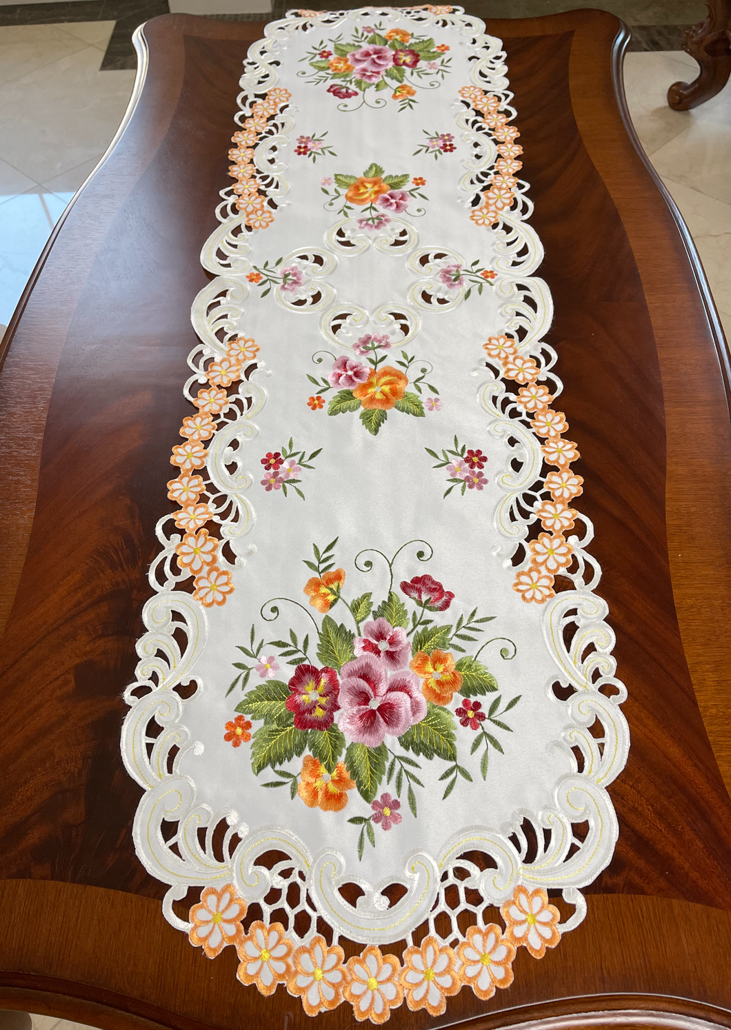 Floris Linens Paisley Table Runner with Beautifully Embroidered Flowers on Cutwork Table Linen