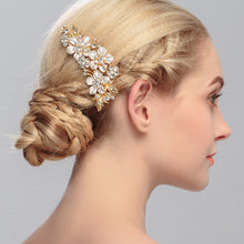 Load image into Gallery viewer, Silver or Gold Floral Hairpiece | High Quality Metal | Boho Flower Bridal Accessories | Rhinestone Gold or Silver Floral Hair Comb | Wedding
