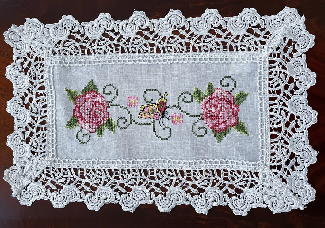 Floris Linens Ruby Laced Placemats with Rose and Butterfly Cross Stitch Embroidery