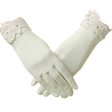 Load image into Gallery viewer, Matte Satin Bridal Wedding Dress Ivory Gloves with Lace | Handmade High Quality Satin Matte Gloves for Formal Events, Weddings, Party
