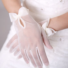 Load image into Gallery viewer, White or Ivory Sheer Nylon Gloves | White Formal Gloves | Delicate Tulle Wedding Bridal Gloves, with Bow
