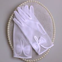 Load image into Gallery viewer, White or Ivory Sheer Nylon Gloves | White Formal Gloves | Delicate Tulle Wedding Bridal Gloves, with Bow
