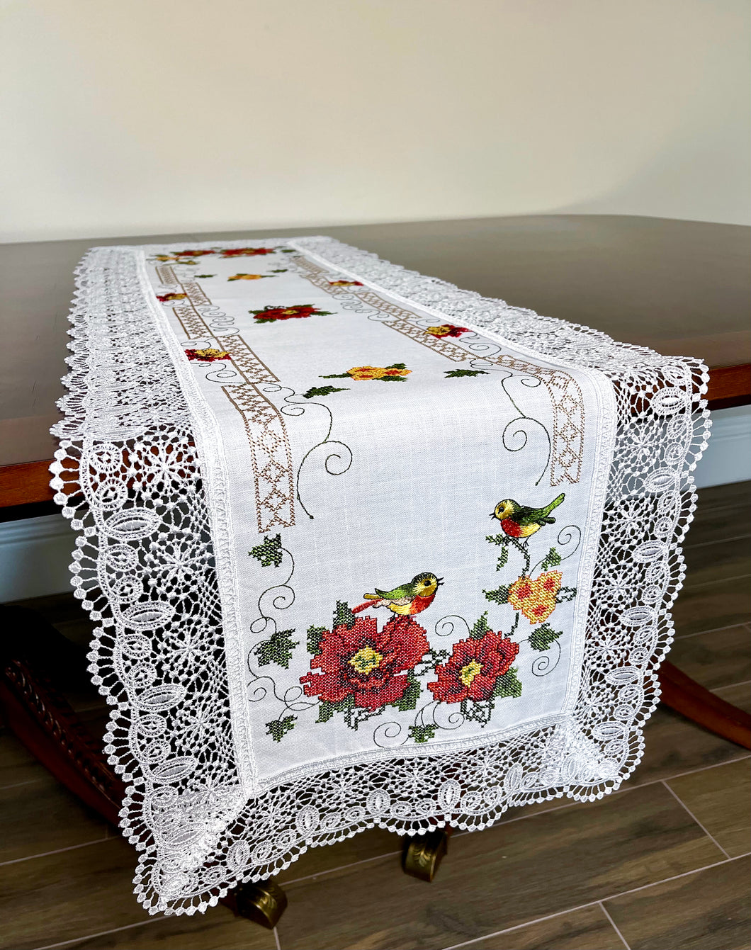 Floris Linens Betty Bird Embroidery Table Runner with Intricate Lace Border