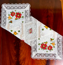 Load image into Gallery viewer, Floris Linens Betty Bird Embroidery Table Runner with Intricate Lace Border
