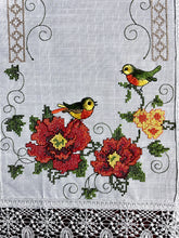 Load image into Gallery viewer, Floris Linens Betty Bird Embroidery Table Runner with Intricate Lace Border
