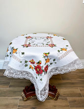Load image into Gallery viewer, Floris Linens Betty Bird Embroidery Table Topper with Intricate Lace Border
