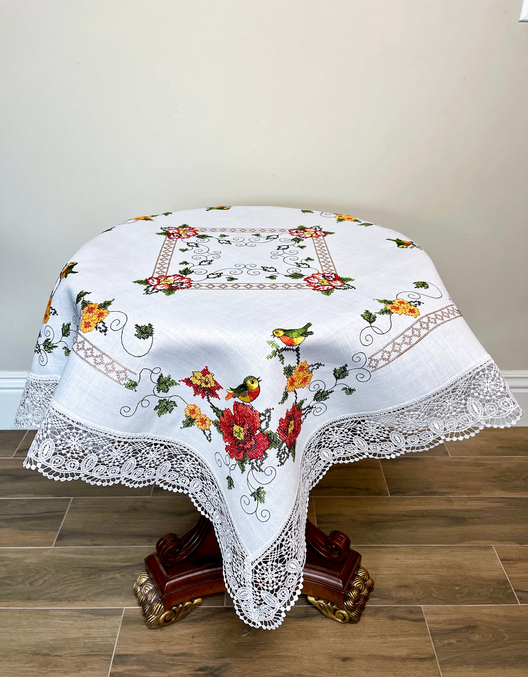 Floris Linens Betty Bird Embroidery Table Topper with Intricate Lace Border