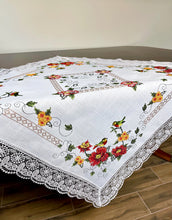 Load image into Gallery viewer, Floris Linens Betty Bird Embroidery Table Topper with Intricate Lace Border
