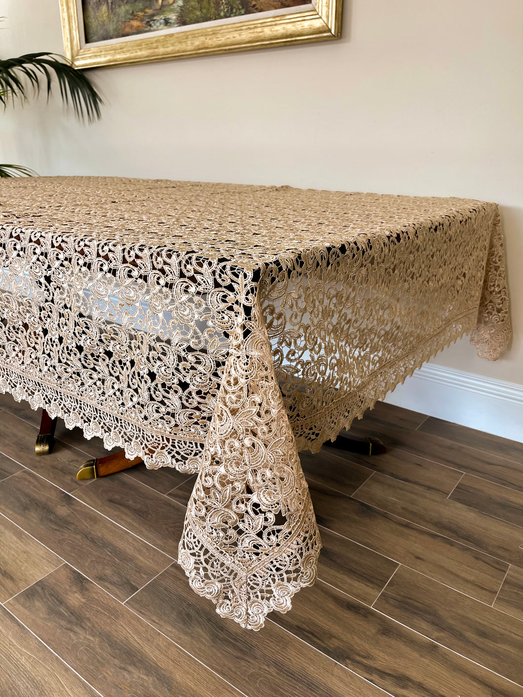 Floris Linens Carissa Luxurious Golden Lace Tablecloth with European Pattern, Home Décor, Beige