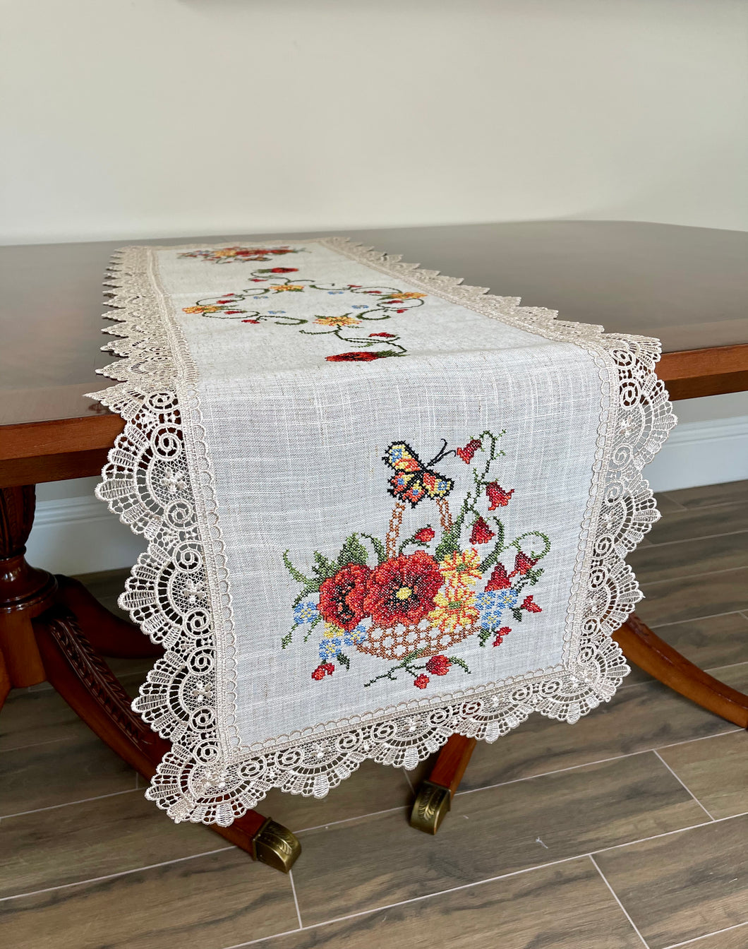 Floris Linens Catalina Lace Natural Colored Table Runner, Butterfly and Flower Basket Cross Stitch Embroidery