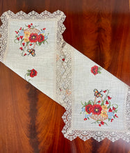 Load image into Gallery viewer, Floris Linens Catalina Lace Natural Colored Table Runner, Butterfly and Flower Basket Cross Stitch Embroidery
