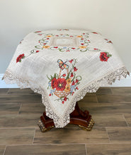Load image into Gallery viewer, Floris Linens Catalina Lace Natural Colored Table Topper, Butterfly and Flower Basket Cross Stitch Embroidery, 35&quot; x 35&quot;
