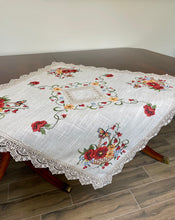 Load image into Gallery viewer, Floris Linens Catalina Lace Natural Colored Table Topper, Butterfly and Flower Basket Cross Stitch Embroidery, 35&quot; x 35&quot;
