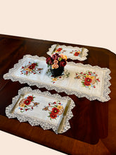 Load image into Gallery viewer, Floris Linens Catalina Lace Natural Colored Table Runner, Butterfly and Flower Basket Cross Stitch Embroidery
