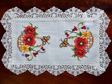 Load image into Gallery viewer, Floris Linens Catalina Lace White Placemat with Butterfly and Flower Basket Cross Stitch Embroidery
