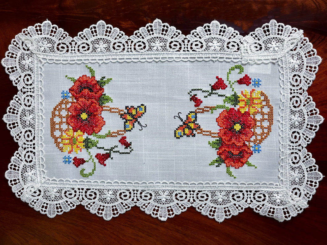 Floris Linens Catalina Lace White Placemat with Butterfly and Flower Basket Cross Stitch Embroidery