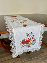 Load image into Gallery viewer, Floris Linens Catalina Lace White Table Runner with Butterfly and Flower Basket Cross Stitch Embroidery
