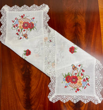 Load image into Gallery viewer, Floris Linens Catalina Lace White Table Runner with Butterfly and Flower Basket Cross Stitch Embroidery
