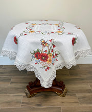 Load image into Gallery viewer, Floris Linens Catalina Lace White Table Topper, Butterfly and Flower Basket Cross Stitch Embroidery, 35&quot; x 35&quot;
