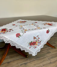 Load image into Gallery viewer, Floris Linens Catalina Lace White Table Topper, Butterfly and Flower Basket Cross Stitch Embroidery, 35&quot; x 35&quot;
