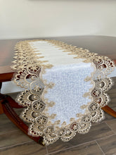 Load image into Gallery viewer, Floris Linens Ellen Victorian Embroidered Table Runner with Classic Golden Lace and High Quality White Fabric
