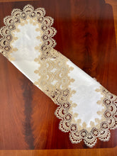 Load image into Gallery viewer, Floris Linens Ellen Victorian Embroidered Table Runner with Classic Golden Lace and High Quality White Fabric
