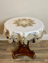 Load image into Gallery viewer, Floris Linens Ellen Victorian Embroidered Table Topper with Classic Golden Lace and High Quality White Fabric
