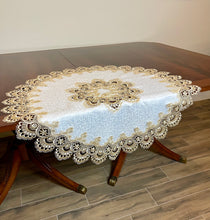 Load image into Gallery viewer, Floris Linens Ellen Victorian Embroidered Table Topper with Classic Golden Lace and High Quality White Fabric
