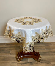 Load image into Gallery viewer, Floris Linens Ellen Victorian Embroidered Table Topper with Classic Golden Lace and High Quality White Fabric
