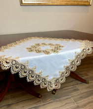 Load image into Gallery viewer, Floris Linens Ellen Victorian Embroidered Table Topper with Classic Golden Lace and High Quality White Fabric
