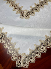 Load image into Gallery viewer, Floris Linens Ellen Victorian Embroidered Tablecloth with Classic Golden Lace and High Quality White Fabric
