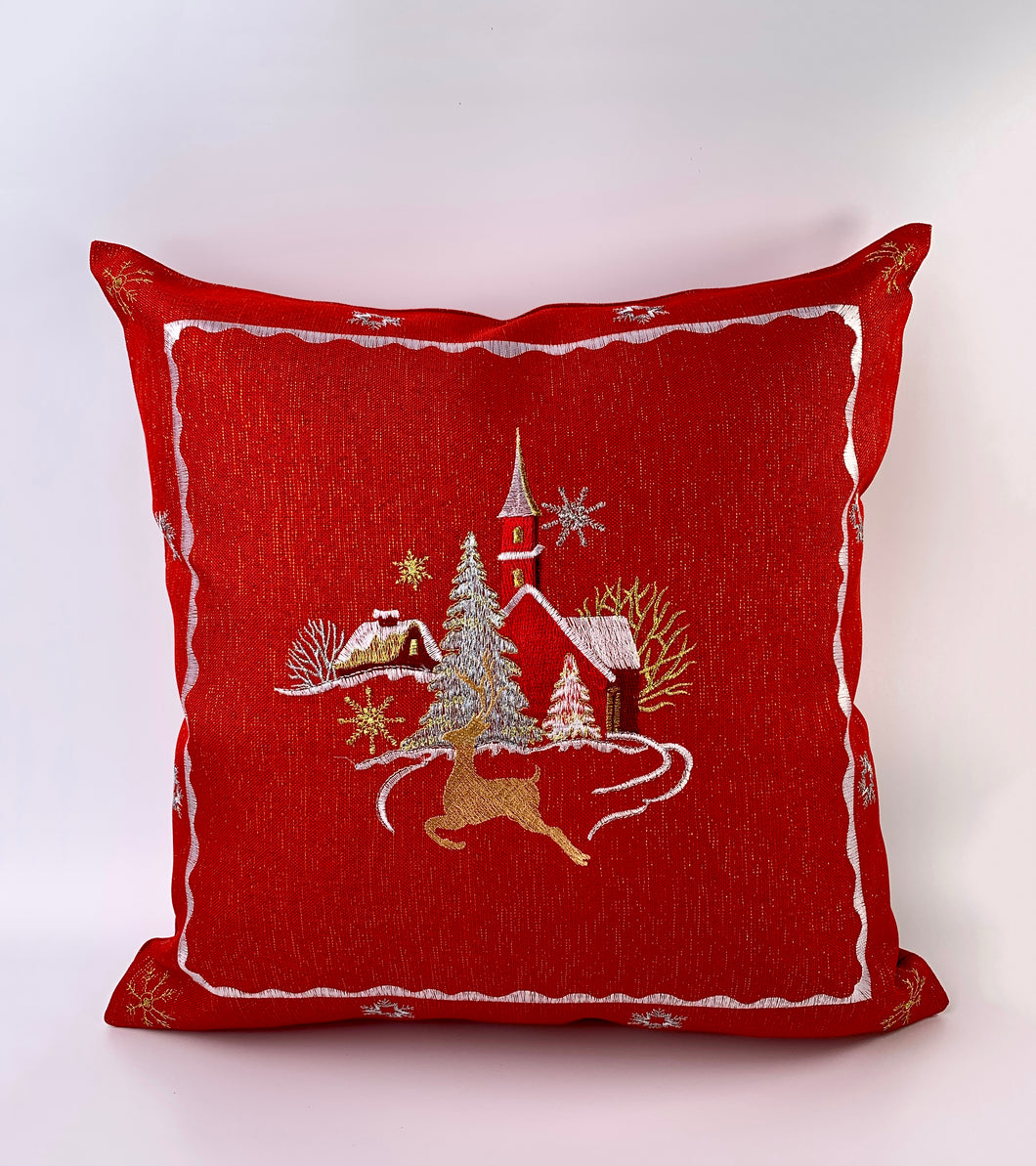 Floris Linens Eria Christmas Pillow Cover with Embroidered Holiday Scene Deer Design (Red, White, or Gray, No Insert Included) 16