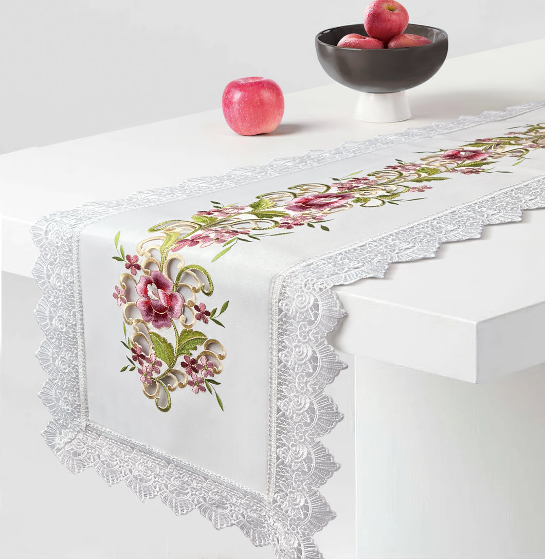 Floris Linens Francis Table Runner with Vintage Style Embroidered Flowers and Lace