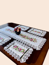 Load image into Gallery viewer, Floris Linens Francis Table Runner with Vintage Style Embroidered Flowers and Lace
