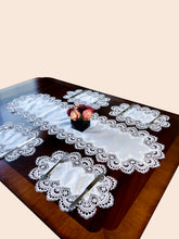 Load image into Gallery viewer, Floris Linens Helen Victorian Embroidered Table Runner with Classic White Lace and Ivory Fabric
