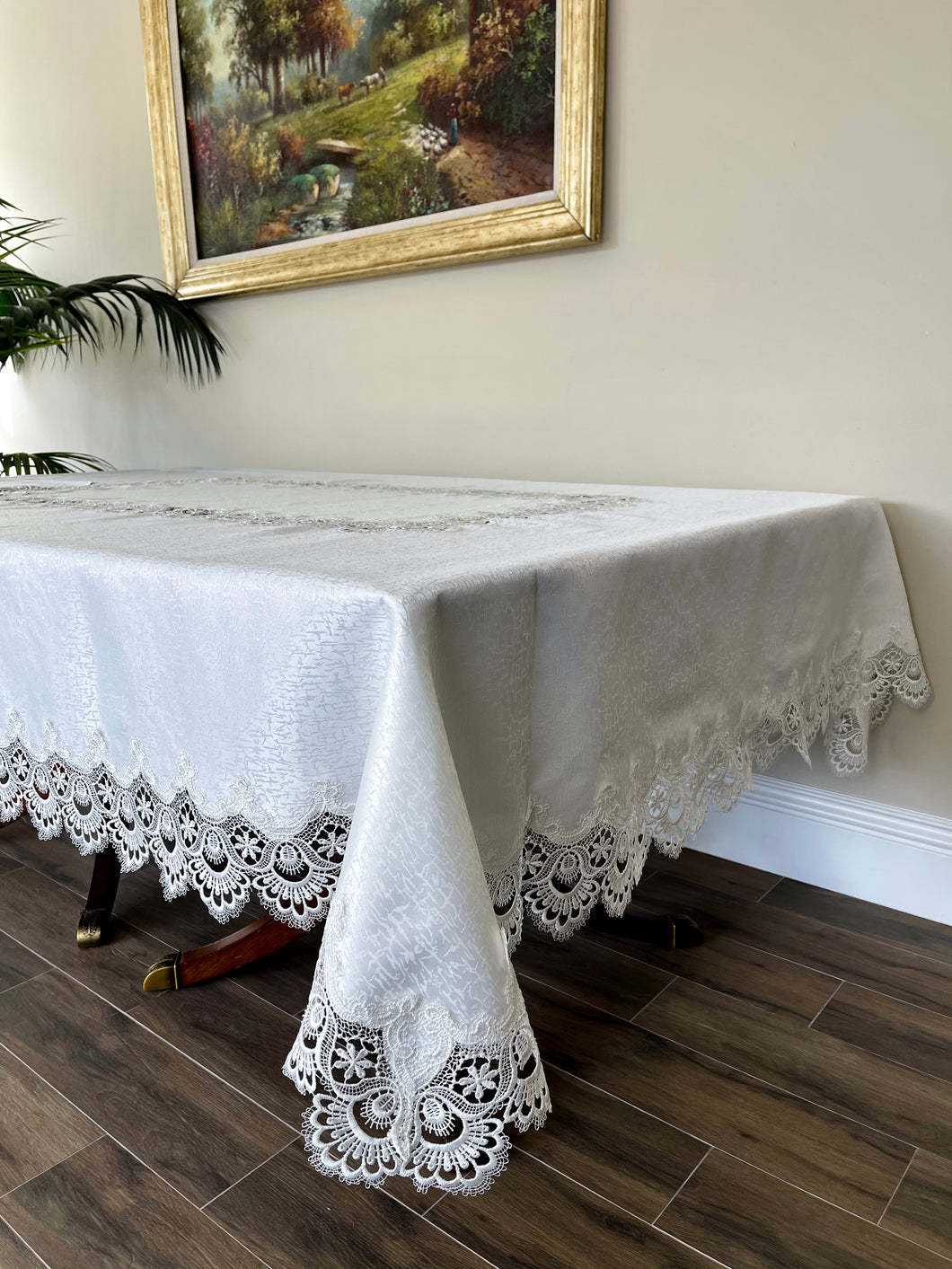 Floris Linens Helen Victorian Embroidered Tablecloth with Classic White Lace and Ivory Fabric