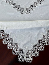 Load image into Gallery viewer, Floris Linens Helen Victorian Embroidered Tablecloth with Classic White Lace and Ivory Fabric
