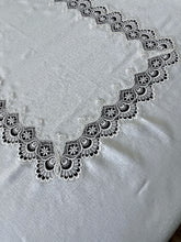 Load image into Gallery viewer, Floris Linens Helen Victorian Embroidered Tablecloth with Classic White Lace and Ivory Fabric
