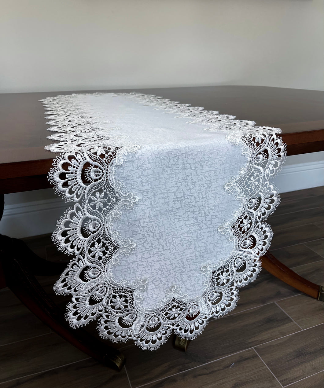 Floris Linens Helen Victorian Embroidered Table Runner with Classic White Lace and Ivory Fabric
