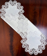 Load image into Gallery viewer, Floris Linens Helen Victorian Embroidered Table Runner with Classic White Lace and Ivory Fabric
