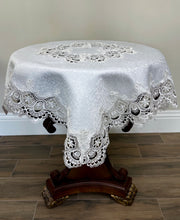 Load image into Gallery viewer, Floris Linens Helen Victorian Embroidered Table Topper with Classic White Lace and Ivory Fabric
