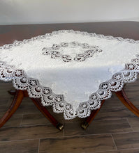 Load image into Gallery viewer, Floris Linens Helen Victorian Embroidered Table Topper with Classic White Lace and Ivory Fabric
