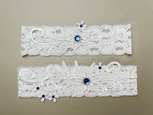 Load image into Gallery viewer, White Lace Wedding Garter Set, Bridal Garter with Blue or Red Pearl and Rhinestones, Wedding Garter Belt, Wedding Garter set, Bridal Toss
