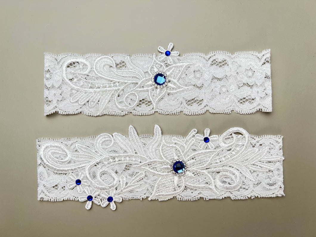 White Lace Wedding Garter Set, Bridal Garter with Blue or Red Pearl and Rhinestones, Wedding Garter Belt, Wedding Garter set, Bridal Toss