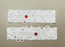 Load image into Gallery viewer, White Lace Wedding Garter Set, Bridal Garter with Blue or Red Pearl and Rhinestones, Wedding Garter Belt, Wedding Garter set, Bridal Toss
