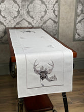 Load image into Gallery viewer, Floris Linens Natasha Embroidered Deer Table Runner, Silver Threaded
