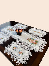 Load image into Gallery viewer, Floris Linens Judith White Lace Table Runner with Vintage Style Cross Stitched Flower Embroidery
