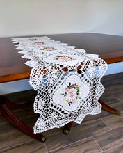 Load image into Gallery viewer, Floris Linens Kyla Crochet Patterned Table Runner with Handmade Flower Embroidery
